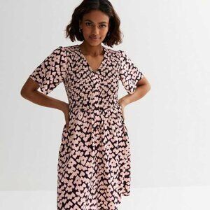 NWOT Petite Black Heart Print Shirred Button Front Mini Dress by New Look XSP/2P